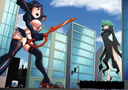 Rule 34 | 2girls, absurdres, blue eyes, breasts, car, city, crossover, female focus, full body, giant, giantess, green eyes, green hair, highres, kill la kill, large breasts, looking at another, matching hair/eyes, matoi ryuuko, medium hair, motor vehicle, multicolored hair, multiple girls, one-punch man, ravenravenraven, scissor blade (kill la kill), small breasts, tatsumaki, thighhighs, toon (style), two-tone hair, underboob