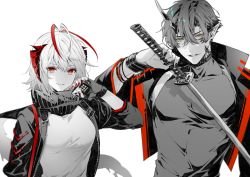Rule 34 | 1boy, 1girl, arknights, choker, demon boy, detonator, fingerless gloves, flamebringer (arknights), gloves, greyscale, hair between eyes, holding, holding sword, holding weapon, horns, jacket, katana, long sleeves, looking at viewer, monochrome, orange eyes, parted lips, partially colored, red eyes, scarf, shirt, short hair, simple background, single horn, sleeveless, sleeveless shirt, smile, sword, toriyoshi, upper body, w (arknights), weapon, white background, wristband