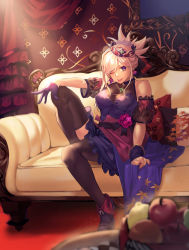 Rule 34 | 1girl, asymmetrical hair, bare shoulders, black thighhighs, blue dress, blue eyes, breasts, commentary, crown, dress, earrings, fate/grand order, fate (series), flower, flower ornament, food, fruit, gloves, hair ornament, highres, hiro (hirohiro gorira), indoors, jewelry, large breasts, long hair, looking at viewer, miyamoto musashi (fate), nail polish, one eye closed, pink hair, ponytail, rose, single glove, solo, thighhighs, tongue, tongue out
