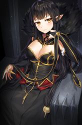 Rule 34 | 1girl, absurdly long hair, black dress, black hair, breasts, bridal gauntlets, cleavage, closed mouth, detached sleeves, dress, fate/apocrypha, fate/grand order, fate (series), fur trim, gijang, gold trim, large breasts, long dress, long hair, pointy ears, semiramis (fate), smile, solo, spikes, v-shaped eyebrows, very long hair, yellow eyes
