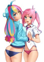 Rule 34 | 2girls, absurdres, ahoge, aqua hair, ass, asymmetrical docking, bad id, bad pixiv id, blonde hair, blouse, blue panties, bracelet, breast press, breasts, butt crack, cowboy shot, from behind, hair between eyes, height difference, heterochromia, highres, jacket, jewelry, large breasts, long hair, looking at viewer, medium breasts, midriff, mimi (picarto.tv), multicolored hair, multiple girls, navel, open mouth, osananajimi neko, own hands clasped, own hands together, panties, picarto.tv, pink hair, pink panties, shirt, skindentation, thighs, track jacket, twintails, underwear, very long hair, wavy hair, white shirt