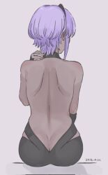 Rule 34 | 1girl, arm up, ass, back, backless outfit, bare back, bare shoulders, butt crack, commentary request, dark-skinned female, dark skin, dated, dimples of venus, fate/grand order, fate (series), from behind, hassan of serenity (fate), highres, hyakuashi2525, purple hair, short hair, shoulder blades, simple background, sitting, solo