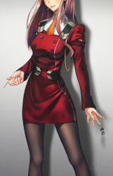 Rule 34 | 10s, 1girl, absurdres, black pantyhose, darling in the franxx, dress, floating hair, grey background, head out of frame, highres, hiro (darling in the franxx), long hair, military, military uniform, murasaki saki, pantyhose, pink hair, red dress, shadow, short dress, smile, solo, uniform, zero two (darling in the franxx)
