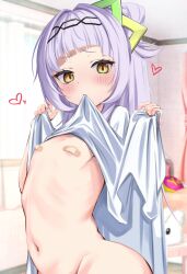 Rule 34 | 1girl, absurdres, bandaid, bandaids on nipples, blush, bottomless, breasts, brown eyes, clothes lift, hair bun, heart, highres, hololive, indoors, lifting own clothes, long hair, looking at viewer, mouth hold, murasaki shion, navel, out-of-frame censoring, pasties, rururaroru, shirt, shirt lift, small breasts, solo, upper body, virtual youtuber, white hair, white shirt