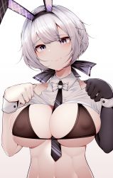 Rule 34 | 1girl, absurdres, animal ears, azur lane, bare shoulders, bikini, black bikini, black gloves, black neckwear, blush, bow, bowtie, breasts, cleavage, clothes lift, collarbone, collared shirt, covered erect nipples, crop top, dated commentary, elbow gloves, fake animal ears, gloves, grey hair, hair ribbon, head tilt, highres, large breasts, leotard, looking at viewer, low ponytail, navel, necktie, official alternate costume, playboy bunny, purple eyes, rabbit ears, reno (azur lane), reno (reno bunnino) (azur lane), ribbon, samip, shirt, shirt lift, sidelocks, simple background, single elbow glove, sleeveless, sleeveless shirt, smile, solo, standing, stomach, string bikini, swimsuit, underboob, underwear, upper body, white background, white bow, white bowtie, white shirt, wrist cuffs