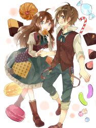 Rule 34 | 1boy, 1girl, absurdres, ahoge, bad id, bad pixiv id, blush, boots, bow, bowtie, braid, brother and sister, brown hair, candy, candy cane, checkerboard cookie, chocolate, collaboration, cookie, dress, food, frills, green eyes, gretel (grimm), grimm&#039;s fairy tales, hansel (grimm), hansel and gretel, highres, jelly bean, konpeitou, lemon honey1013, lingmuzi, long hair, macaron, open mouth, patchwork clothes, ribbon, short hair, siblings, skirt, smile, white background