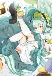 Rule 34 | 1girl, absurdres, alternate costume, bloomers, blush, bonnet, candy, chocolate doughnut, cookie, doughnut, dragon horns, dress, fate/grand order, fate (series), flower, food, frills, gloves, green hair, hair between eyes, hair flower, hair ornament, hand to own mouth, hat, highres, hokuotzu, horns, invisible chair, kiyohime (fate), kneehighs, kneepits, long hair, looking at viewer, rose, sitting, smile, socks, solo, underwear, very long hair, white gloves, white socks, yellow eyes, yellow flower, yellow rose