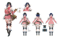 Rule 34 | 1girl, animal ears, ankle boots, bag, belt, blue hair, book, boots, character sheet, concept art, dark blue hair, detached sleeves, glasses, gran saga, grey eyes, hair between eyes, hand on own chest, hand up, hat, highres, holding, holding book, multiple views, neck ribbon, quill, ribbon, riesun, see-through, see-through sleeves, shirt, shoulder bag, simple background, sweater, turnaround, turtleneck, turtleneck sweater, white background, wide hips