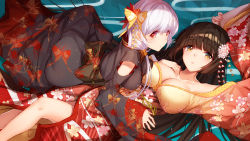 Rule 34 | 2girls, absurdres, anniversary, bison cangshu, black hair, blush, breasts, brown eyes, butterfly hair ornament, character request, cleavage, closed mouth, collarbone, commentary, flower, hair flower, hair ornament, highres, large breasts, long hair, looking at viewer, lying, multiple girls, on back, parted lips, warship girls r