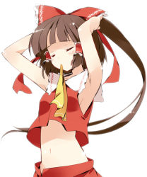 Rule 34 | 1girl, armpits, arms up, ascot, asoka, bow, breasts, brown hair, closed eyes, female focus, hair bow, hair tubes, hakurei reimu, midriff, mouth hold, navel, no bra, ponytail, precure, sideboob, small breasts, solo, touhou, upper body