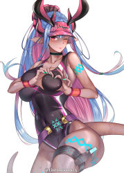 Rule 34 | 1girl, absurdres, bare shoulders, black one-piece swimsuit, blue hair, blush, body markings, breasts, chouchou (austin), cleavage, collarbone, colored skin, covered navel, earrings, fate/grand order, fate (series), grey skin, hair between eyes, hat, highleg, highleg swimsuit, highres, horns, ibuki douji (fate), ibuki douji (swimsuit berserker) (fate), ibuki douji (swimsuit berserker) (first ascension) (fate), jewelry, large breasts, long hair, looking at viewer, multicolored hair, one-piece swimsuit, one eye closed, oni, oni horns, pink hair, pink hat, pink one-piece swimsuit, pointy ears, ponytail, red eyes, shiny clothes, shiny skin, sidelocks, solo, swimsuit, tail, thigh strap, thighs, two-tone swimsuit, very long hair, visor cap, wide hips, wink