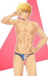 Rule 34 | 1boy, ;p, ahoge, american flag male swimwear, blonde hair, blush, brown eyes, bulge, collarbone, commentary request, cowboy shot, groin, hand on own hip, hand up, highres, idolmaster, idolmaster side-m, licking lips, linea alba, looking at viewer, maita rui, male focus, male swimwear, navel, nipples, one eye closed, outside border, parted bangs, pectorals, print male swimwear, short hair, skindentation, solo, spiked hair, standing, swim briefs, toned, toned male, tongue, tongue out, v, v over eye, variant set, yuya hytk