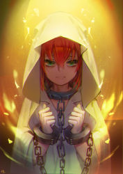 Rule 34 | 1girl, bags under eyes, bdsm, bondage, bound, chain, closed mouth, collar, collarbone, cuffs, eyebrows, female focus, green eyes, hair between eyes, handcuffs, hands up, hansei, hatori chise, hood, looking at viewer, mahou tsukai no yome, red hair, short hair, slave, solo, upper body