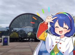 Rule 34 | 1girl, arm up, blue hair, cape, closed mouth, commentary request, hairband, happy, medium hair, miz (mizillustration), open mouth, photo background, rainbow gradient, smile, solo, tenkyuu chimata, touhou, upper body, v-shaped eyebrows, white cape