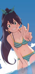 Rule 34 | 1girl, absurdres, antenna hair, bikini, black hair, breasts, cleavage, cloud, day, dutch angle, earrings, fang, ganaha hibiki, gulim, high ponytail, highres, hoop earrings, idolmaster, idolmaster (classic), jewelry, long hair, looking at viewer, medium breasts, ponytail, sky, solo, striped bikini, striped clothes, swimsuit, v, wading