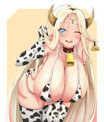 Rule 34 | 1girl, ;d, absurdres, animal print, aqua eyes, arm support, bare shoulders, belt collar, bikini, blonde hair, blush, border, breasts, brown hairband, brown neckwear, cerestia of life, cleavage, collar, collarbone, cow horns, cow print, cow print bikini, cowbell, ear tag, elbow gloves, elf, fake horns, forehead, gem, gloves, gradient background, haihm108, hairband, hand on own knee, hand up, hanging breasts, highres, horns, huge breasts, jewelry, last origin, leaning forward, long hair, looking at viewer, micro bikini, neck bell, one eye closed, open mouth, outside border, parted bangs, playing with own hair, pointy ears, print bikini, print gloves, print thighhighs, sidelocks, simple background, smile, solo, swimsuit, thighhighs, thighs, very long hair, yellow background