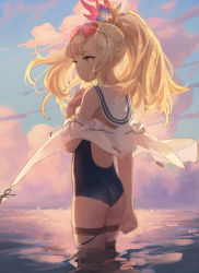 Rule 34 | 1girl, ass, blonde hair, blue one-piece swimsuit, cagliostro (granblue fantasy), cagliostro (summer) (granblue fantasy), closed mouth, cloud, cumulonimbus cloud, day, detached collar, eyewear on head, from behind, granblue fantasy, hand up, heart, heart-shaped eyewear, ocean, one-piece swimsuit, outdoors, ponytail, pumpkinspicelatte, red-tinted eyewear, sailor collar, signature, solo, standing, sunglasses, sunglasses on head, swimsuit, thigh strap, tinted eyewear, wading, water