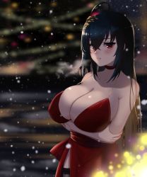 1girl ahoge azur_lane bare_shoulders black_hair black_thighhighs blush breast_hold breasts breath choker cleavage cocktail_dress collarbone crossed_bangs dress hair_between_eyes hair_ornament highres kuwahara_taiki large_breasts long_hair looking_at_viewer open_mouth outdoors red_choker red_dress red_eyes snowing solo taihou_(azur_lane) taihou_(forbidden_fruit)_(azur_lane) thighhighs very_long_hair