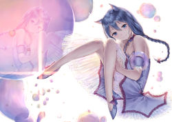 Rule 34 | 1girl, absurdres, bare shoulders, blue dress, blue eyes, blue footwear, blue hair, blush, bow, braid, bubble, closed mouth, commentary request, dress, frilled dress, frills, hair between eyes, hair bow, high heels, highres, hugging own legs, knees up, long hair, original, red bow, reflection, see-through, shoes, sleeveless, sleeveless dress, smile, solo, tobychou, very long hair, white background