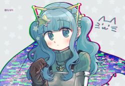 Rule 34 | 1girl, aqua eyes, aqua hair, aqua sweater, armor, blunt bangs, blush, breastplate, brown gloves, cat symbol, clenched hand, closed mouth, crown (symbol), dot mouth, fold-over gloves, futaba sana, glitch, gloves, hair ornament, hand up, jewelry, looking at viewer, magia record: mahou shoujo madoka magica gaiden, magical girl, mahou shoujo madoka magica, medium hair, necklace, paw pose, portrait, ribbed sweater, sidelocks, solo, star (symbol), star hair ornament, star in eye, starry background, sweater, symbol in eye, totte, turtleneck, turtleneck sweater, wavy hair