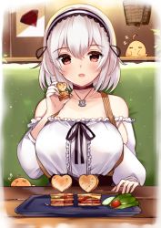 Rule 34 | 1girl, alternate costume, anchor choker, azur lane, bare shoulders, blush, booth seating, breasts, cafe, choker, collarbone, commentary, detached sleeves, food, hair between eyes, hairband, heart-shaped food, holding, holding food, indoors, large breasts, looking at viewer, manjuu (azur lane), open mouth, puffy sleeves, red eyes, ribbon choker, ry thae, sandwich, short hair, sidelocks, sirius (azur lane), sitting, solo, suspenders, tray, white hair