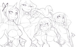Rule 34 | 00s, 4girls, ahoge, ari laharis, basilisk, breasts, capelet, cleavage, collar, crybringer, dark elf, demon girl, demon mages, demon tail, earrings, elf, glasses, snake hair, group picture, hair ribbon, hands on own hips, horns, jewelry, large breasts, monochrome, multiple girls, pointy ears, ponytail, ribbon, scar, single horn, sketch, sleeveless, small breasts, smile, snake, snake hair, demon girl, tail, tara olphoros, tess tesryon, toned, ziggy kakziga