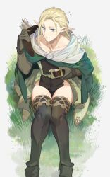 Rule 34 | 1boy, arrow (projectile), black thighhighs, blonde hair, blue eyes, collarbone, commentary request, feet out of frame, gloves, grey gloves, hair intakes, highres, lhinalagos (unicorn overlord), looking at viewer, male focus, notice lines, on grass, ouosoul, pointy ears, sitting, thighhighs, unicorn overlord
