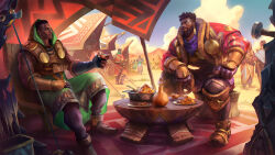 Rule 34 | 2boys, absurdres, beard, black hair, brown eyes, character request, cloud, cloudy sky, dark-skinned male, dark skin, desert, dreadlocks, earrings, egyptian, egyptian clothes, eye contact, facial hair, food, full body, gold, hair tattoo, highres, jewelry, k&#039;sante (league of legends), league of legends, looking at another, male focus, mature male, multiple boys, muscular, muscular male, official art, pharaoh, short hair, sitting, sky, smile, table, tent, thick eyebrows, tonysaurus, usekh collar