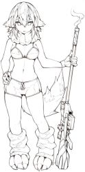 Rule 34 | 1girl, animal ears, breasts, cleavage, ejami, greyscale, gun, looking at viewer, monochrome, navel, revision, short hair, shorts, simple background, solo, tail, weapon, white background