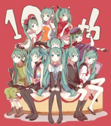 Rule 34 | 6+girls, aqua eyes, aqua hair, chibi, chibi on head, detached sleeves, closed eyes, gloves, green eyes, green hair, hat, hatsune miku, headphones, highres, long hair, multiple girls, necktie, odds &amp; ends (vocaloid), on head, open mouth, peaked cap, red background, saihate (vocaloid), senbon-zakura (vocaloid), sentaro207, sitting, skirt, steepled fingers, tell your world (vocaloid), thighhighs, twintails, very long hair, vocaloid, world is mine (vocaloid)
