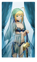 Rule 34 | 1girl, ahoge, artoria pendragon (all), artoria pendragon (fate), blonde hair, blue bra, blue panties, bra, breasts, closed mouth, cowboy shot, curtains, excalibur (fate/stay night), fate/stay night, fate (series), green eyes, holding, holding sword, holding weapon, lace trim, lingerie, looking at viewer, panties, planted, planted sword, planted weapon, saber (fate), salmon88, sidelocks, small breasts, solo, sword, underwear, veil, weapon