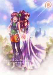 Rule 34 | 2girls, axsen, back-to-back, blue sky, boots, brown hair, bug, bush, butterfly, butterfly hair ornament, castle, cloud, creatures (company), day, dress, game freak, gem, glowing, gradient background, green eyes, hair ornament, insect, miniskirt, multiple girls, nintendo, original, pantyhose, plant, poke ball, pokemon, ponytail, skirt, sky, sunlight, watermark, wavy hair, web address, white dress