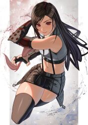 Rule 34 | 1girl, bare shoulders, black hair, black skirt, black sports bra, black thighhighs, bracelet, breasts, closed mouth, commentary, crop top, earrings, elbow gloves, fighting stance, final fantasy, final fantasy vii, final fantasy vii remake, fingerless gloves, floating hair, full body, gloves, highres, jewelry, long hair, looking at viewer, low-tied long hair, materia, medium breasts, midriff, navel, open hand, red eyes, single arm guard, single earring, skirt, smile, solo, sports bra, suspender skirt, suspenders, swept bangs, tank top, teardrop earrings, temoc, thighhighs, thighs, tifa lockhart, very long hair, white tank top, zettai ryouiki