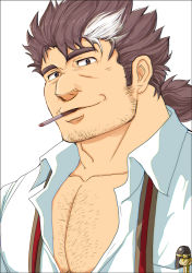 Rule 34 | 1boy, bara, beard, brown hair, character request, chest hair, cigarette, facial hair, highres, large pectorals, male focus, mature male, mononobe kyoma, multicolored hair, muscular, muscular male, partially unbuttoned, pectoral cleavage, pectorals, portrait, shirt, short hair, sideburns, smile, smoking, solo, streaked hair, stubble, tokyo houkago summoners, upper body, white hair, white shirt, yon yon (shikawafu)