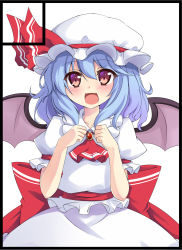 Rule 34 | 1girl, ascot, bat wings, blue hair, fang, female focus, hat, hat ribbon, highres, jewelry, kazami chiu, open mouth, puffy sleeves, red eyes, remilia scarlet, ribbon, short hair, short sleeves, solo, touhou, white background, wings
