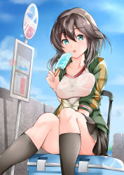 Rule 34 | 1girl, bag, black socks, black skirt, blue sky, bra visible through clothes, breasts, brown hair, bus stop, cloud, collarbone, day, food, green jacket, gym shirt, hayasui (kancolle), highres, jacket, kantai collection, kneehighs, large breasts, looking at viewer, millipen (medium), miniskirt, ocean, open clothes, open jacket, pleated skirt, popsicle, road, road sign, see-through, sezok, shadow, shirt, short hair, sign, sitting, skirt, sky, socks, solo, suitcase, sunlight, traditional media, water, wet, wet clothes, wet shirt