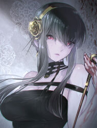 Rule 34 | 1girl, bare shoulders, black dress, black hair, blood, blood on hands, breasts, cleavage, dagger, dress, earrings, floral background, flower, hair flower, hair ornament, hairband, holding, jewelry, knife, large breasts, long hair, looking at viewer, maeshima shigeki, red eyes, sidelocks, solo, spy x family, stiletto (weapon), sweat, weapon, yor briar