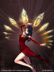 Rule 34 | 1girl, adsouto, arm up, artist name, bare shoulders, black hair, breasts, choker, cinder fall, crystal, dress, glowing, glowing eye, hair over one eye, high heels, highres, long hair, looking at viewer, medium breasts, motion lines, nail polish, official art, red dress, rwby, solo, standing, standing on one leg, watermark, yellow eyes