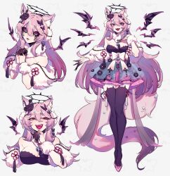 Rule 34 | 1girl, absurdres, animal ears, bell, black halo, black thighhighs, bow, breasts, butterfly hair ornament, cat ears, character sheet, chinese knot, claws, dark halo, detached wings, fangs, floral print, flower, frilled skirt, frills, fur (clothing), hair flower, hair ornament, halo, highres, indie virtual youtuber, jingle bell, large breasts, layered skirt, long hair, multicolored eyes, multiple views, neck bell, obi, open mouth, pink footwear, pink hair, pink skirt, purple flower, purple rose, rose, sash, second-party source, simple background, skirt, tail, thighhighs, thundert, very long hair, virtual youtuber, wings, wrist cuffs, yuni nya