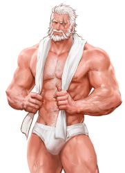 Rule 34 | 1boy, abs, arm hair, bara, beard, blind, briefs, bulge, chest hair, dopey (dopq), facial hair, feet out of frame, hair slicked back, head tilt, highres, large pectorals, looking at viewer, male focus, male underwear, mature male, muscular, muscular male, mustache, navel, navel hair, nipples, old, old man, overwatch, overwatch 1, pectorals, reinhardt (overwatch), scar, scar across eye, scar on face, short hair, solo, stomach, thick eyebrows, thighs, towel, towel around neck, underwear, underwear only, white background, white hair, white male underwear