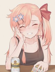 Rule 34 | alternate costume, beer can, blush, braid, can, closed eyes, commentary, drink can, girls&#039; frontline, hair ornament, hair ribbon, hairpin, hand on own cheek, hand on own face, highres, jingo, negev (girls&#039; frontline), pink hair, pov across table, red eyes, ribbon, smile, solo, table, tank top
