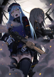 Rule 34 | 2girls, absurdres, assault rifle, beret, black legwear, blue hair, blunt bangs, breasts, cloud, cloudy sky, commentary request, dirty, facial mark, fingerless gloves, fire, girls&#039; frontline, gloves, green eyes, grey hair, gun, h&amp;k hk416, h&amp;k ump, h&amp;k ump, hair between eyes, hair ornament, hat, heckler &amp; koch, highres, hk416 (girls&#039; frontline), holding, holding gun, holding weapon, hood, hood down, hooded jacket, injury, jacket, long hair, medium breasts, military jacket, multiple girls, one side up, outdoors, oyk (signx), pantyhose, parted lips, plaid, plaid skirt, rifle, ruins, scar, scar across eye, scar on face, shirt, shouting, skirt, sky, smile, smoke, submachine gun, sweat, teardrop, thighhighs, ump45 (girls&#039; frontline), v-shaped eyebrows, very long hair, weapon, white shirt, yellow eyes