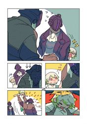 Rule 34 | 1girl, 2boys, angry, bad id, bad pixiv id, bondrewd, comic, crying, helmet, injury, jacket, made in abyss, multicolored hair, multiple boys, prushka, red eyes, saiko67, short hair, silent comic, simple background, size difference