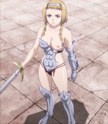 Rule 34 | 1girl, armor, ass, black panties, blonde hair, braid, breasts, curvy, female focus, highres, huge ass, leina (queen&#039;s blade), nipples, panties, queen&#039;s blade, revealing clothes, screencap, shiny skin, solo, standing, sword, third-party edit, thong, twin braids, underwear, weapon, wide hips