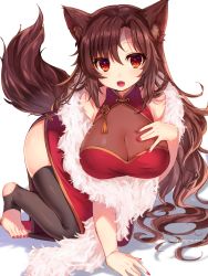 Rule 34 | 1girl, absurdres, all fours, alternate costume, animal ears, black thighhighs, breasts, brown hair, china dress, chinese clothes, dress, fang, fur, fur trim, hand on own chest, hanging breasts, highres, imaizumi kagerou, large breasts, long hair, looking at viewer, marota, nail polish, open mouth, red dress, red eyes, red nails, simple background, solo, stirrup legwear, tail, tassel, thighhighs, toeless legwear, toenail polish, toenails, touhou, twitter username, very long hair, wavy hair, white background, wolf ears, wolf tail