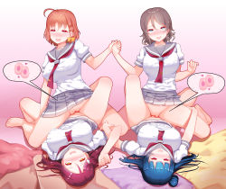 Rule 34 | 4girls, absurdres, ahegao, ahoge, barefoot, blue eyes, blue hair, blush, bottomless, bow, braid, breasts, clothed sex, collarbone, collared shirt, commission, covered erect nipples, cross-section, female fertilization, fertilization, group sex, grey hair, grey sailor collar, group sex, hair bow, hair bun, hair ornament, hand on another&#039;s leg, happy sex, heart, heart-shaped pupils, highres, holding hands, impregnation, large breasts, long hair, love live!, love live! sunshine!!, multiple girls, neckerchief, no bra, no panties, open mouth, orange hair, ovum, pillow, pink background, pleated skirt, pussy, red eyes, red hair, red neckerchief, rolling eyes, sailor collar, sakurauchi riko, school uniform, serafuku, shadow, shiny skin, shirt, short hair, short sleeves, simple background, single hair bun, skirt, smile, spread legs, symbol-shaped pupils, takami chika, teeth, tribadism, tsushima yoshiko, two-tone background, uncensored, uranohoshi school uniform, watanabe you, yellow eyes, yuri