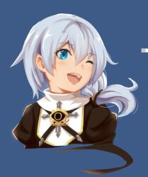 Rule 34 | 1girl, ;d, black dress, blue background, blue eyes, cropped torso, daidailong, dress, honkai (series), honkai impact 3rd, long hair, long sleeves, looking at viewer, nun, one eye closed, open mouth, puffy long sleeves, puffy sleeves, simple background, smile, solo, tareme, teeth, theresa apocalypse, theresa apocalypse (valkyrie pledge), upper body, upper teeth only, white hair