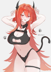 Rule 34 | 1girl, absurdres, alternate costume, animal hands, animal print, arknights, arms up, bare shoulders, bikini, black bikini, breasts, cat paws, cat print, cat tail, cleavage, cowboy shot, grey background, hair between eyes, highres, horns, large breasts, light blush, long hair, looking at viewer, messy hair, navel, open mouth, paw pose, red eyes, red hair, sketch, skindentation, sports bra, surtr (arknights), swimsuit, tail, thigh strap, thighs, very long hair, wawamachi (wawamachis)
