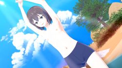 Rule 34 | 1girl, 3d, absurdres, arms up, artist request, beach, black hair, blue eyes, blue jammers, blue male swimwear, blue sky, blush, breasts, character request, cloud, day, female focus, flat chest, highres, jammers, male school swimsuit, male swimwear, male swimwear challenge, medium hair, nipples, ocean, outdoors, sand, sky, solo, source request, standing, swimsuit, tagme, topless, tree, water