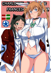 Rule 34 | 2girls, animal ears, black hair, blue eyes, blush, breasts, brown hair, bursting breasts, cat ears, cat girl, charlotte e. yeager, choker, curvy, female focus, francesca lucchini, green eyes, highres, huge breasts, komusou (jinrikisha), long hair, multiple girls, navel, no bra, no pants, one eye closed, panties, rabbit ears, shirt, standing, strike witches, striped clothes, striped panties, sweatdrop, tail, twintails, underwear, wink, world witches series